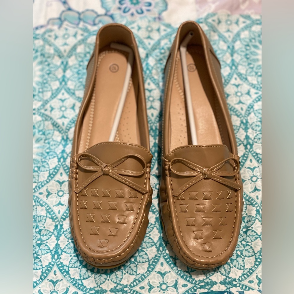 Faux Leather Upper Tan Moccasin-Style Flats with Woven Detail